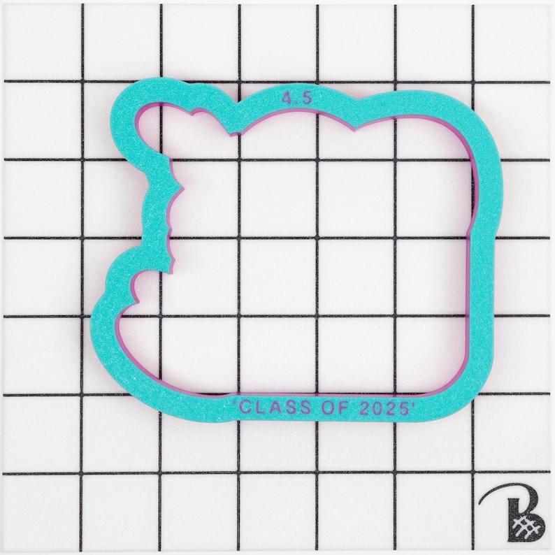 May include: A turquoise blue cookie cutter with a pink outline in the shape of a cloud with the text "CLASS OF 2025" on the bottom. The cookie cutter is 4.5 inches wide.