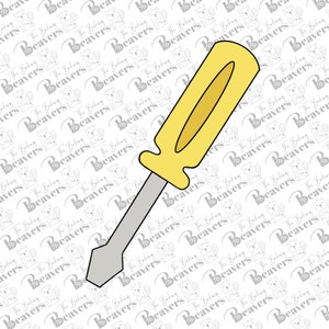 May include: A yellow and gray screwdriver with a black handle. The screwdriver is on a white background with a repeating pattern of beavers.