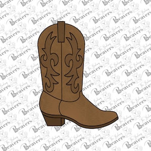 May include: A brown leather cowboy boot with a pointed toe and a decorative stitching pattern on the shaft.