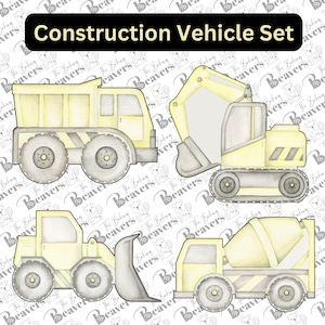 May include: A set of four yellow construction vehicle cookie cutters. The cutters are shaped like a dump truck, an excavator, a bulldozer, and a cement mixer. The cutters are made of metal and have a watercolor-like finish.