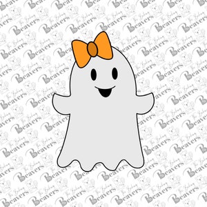 May include: A white ghost with a friendly face and a large orange bow. The ghost is outlined in black and has a simple, cartoon-like design.