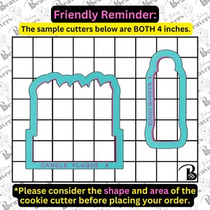 May include: Two cookie cutters, both 4 inches in size. The first cutter is shaped like a candle plaque, and the second cutter is shaped like a bingo marker. Both cutters are light blue with a pink outline.