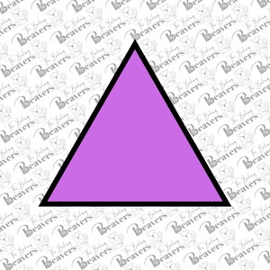May include: A purple triangle with a black outline. The triangle is on a white background with a repeating pattern of gray beavers.