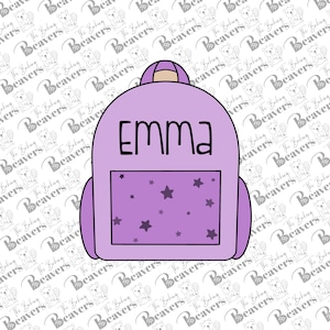 May include: Purple backpack with a star pattern on the front pocket. The backpack has a name tag that says "Emma".