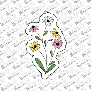 May include: A digital clipart image of a bouquet of flowers with pink, yellow, and white flowers with green leaves and stems.