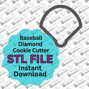 May include: A turquoise blue circle with the text "Baseball Diamond Cookie Cutter STL FILE Instant Download" in white and purple text. The background is a white pattern of beavers.
