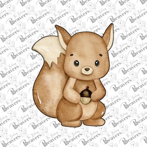 May include: A watercolor-style illustration of a cute squirrel holding an acorn. The squirrel is brown with a white-tipped tail and large, dark eyes. The background features a repeating pattern of the text "The Baking Beavers".