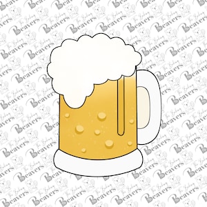 May include: A cartoon-style cookie cutter shaped like a beer mug with a white foam head and yellow beer inside.