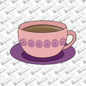 May include: A pink teacup and saucer set with a floral design. The teacup is filled with a brown liquid, likely coffee or tea. The saucer is a darker shade of purple. The design is a vector illustration.