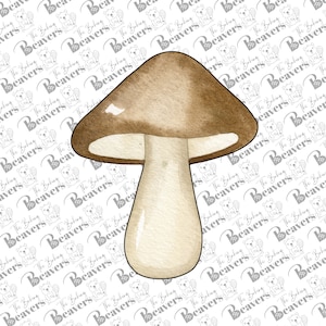 May include: A watercolor illustration of a mushroom cookie cutter. The mushroom has a brown cap and a white stem. The background is a repeating pattern of beavers and text.