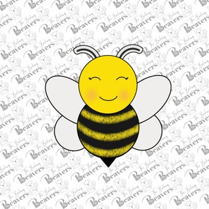 May include: A cartoon bee with a yellow body, black stripes, and white wings. The bee has a smiling face with closed eyes and pink cheeks.