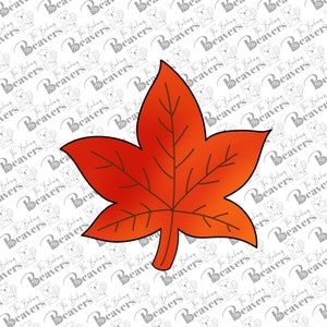 May include: A single red maple leaf with a gradient of color from dark red to orange. The leaf has five points and is outlined in black.