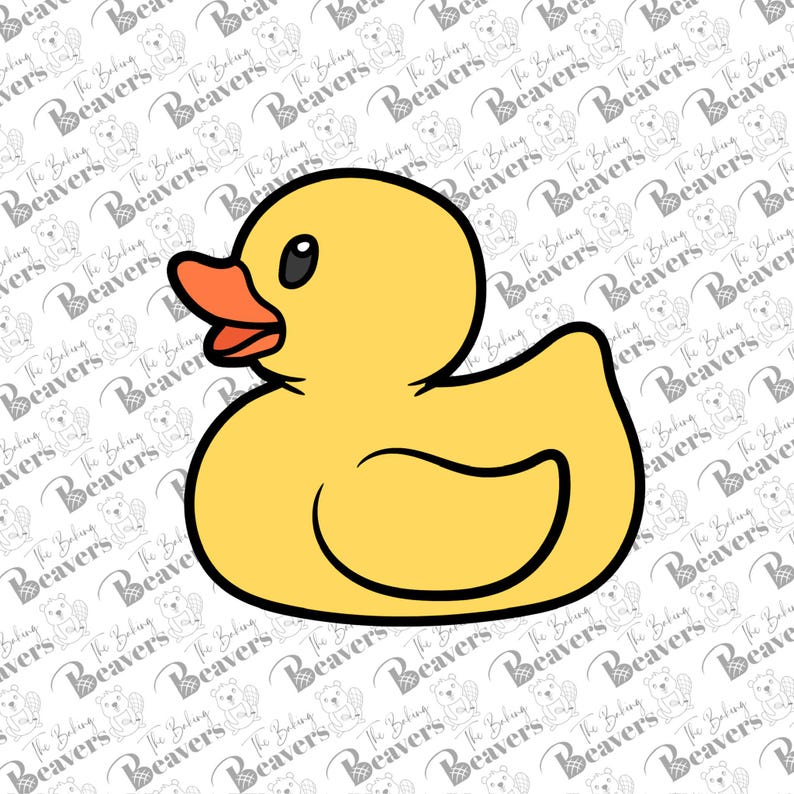 May include: A yellow rubber duck with a black outline and a red beak. The duck is facing left and has a small black eye.