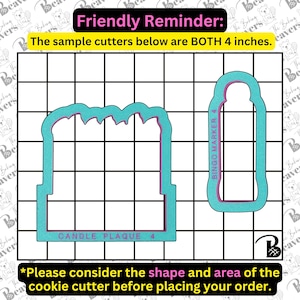May include: Two teal cookie cutters on a grid. One is a rectangular plaque with a scalloped top, labelled "CANDLE PLAQUE 4". The other is a tall, thin shape labelled "BINGO MARKER 4". The text states the cutters are 10.16 cm.