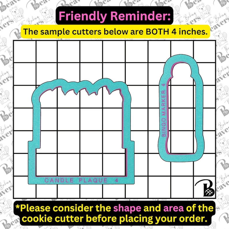 May include: Two teal cookie cutters on a grid. One is a rectangular plaque with a scalloped top, labelled "CANDLE PLAQUE 4". The other is a tall, thin shape labelled "BINGO MARKER 4". The text states the cutters are 10.16 cm.