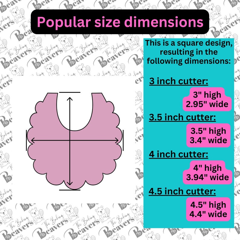 May include: A pink, scalloped-edge cookie cutter with size dimensions. The image shows the cutter's height and width measurements for 7.6, 8.9, 10.2, and 11.4 cm cutters. Text at the top reads "Popular size dimensions."