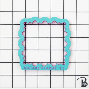 May include: A turquoise blue square plaque cookie cutter with a scalloped edge. The cutter is 3.5 inches in size and has the text "SQUARE PLAQUE 3.5" printed on the bottom.