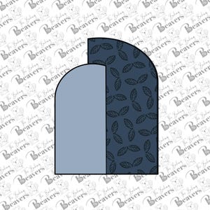 May include: A half-circle design with a blue background and a dark blue pattern of leaves. The design is divided in half, with the left side being a solid blue and the right side having the leaf pattern.