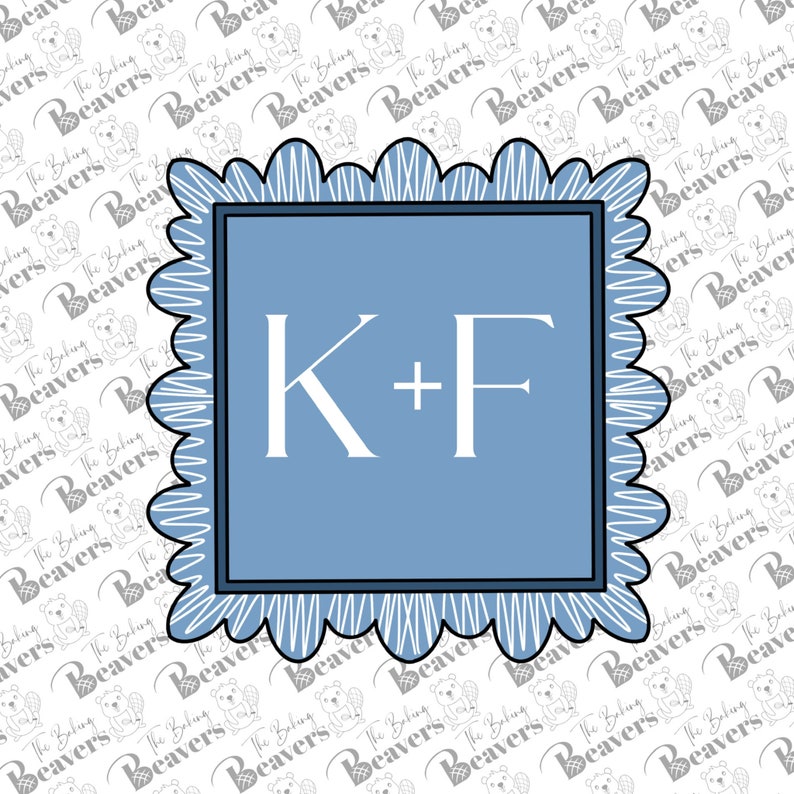 May include: A blue square with a white scalloped border and the text "K+F" in white inside.