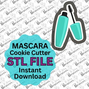 Può includere: Tagliapasta a forma di mascara turchese con applicatore nero. L'immagine include il testo "MASCARA Cookie Cutter STL FILE Instant Download". Lo sfondo presenta un motivo di castori.