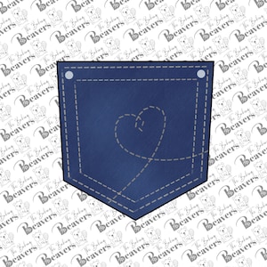 May include: A blue denim pocket with a heart-shaped stitch design. The pocket has two silver rivets at the top.