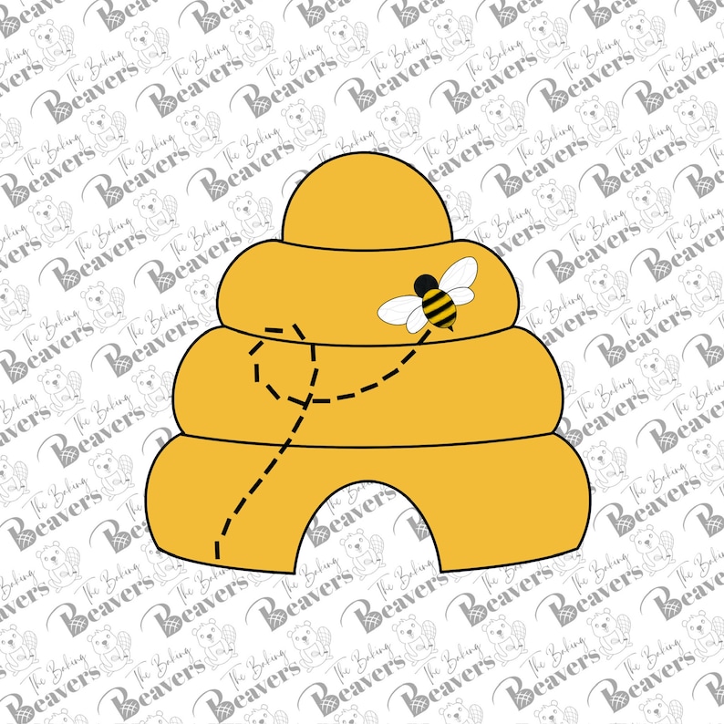 May include: A yellow beehive design with a black outline and a dotted flight path. A cartoon bee with black and yellow stripes and white wings is flying near the hive. The background has a repeating pattern of beavers and text.