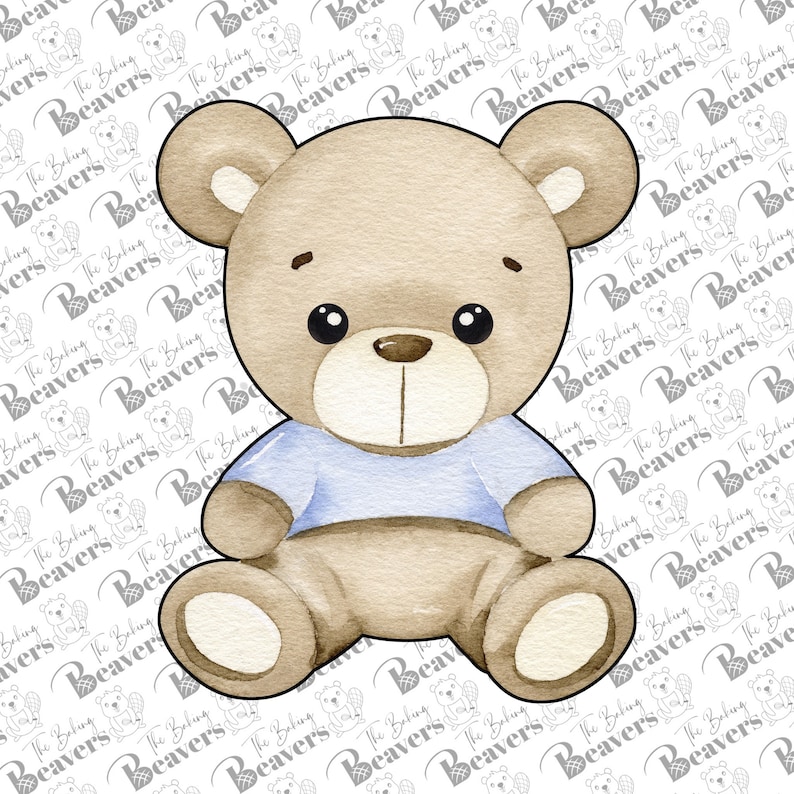 May include: A brown teddy bear wearing a light blue shirt is sitting with its legs crossed. The bear has a brown nose and black eyes.