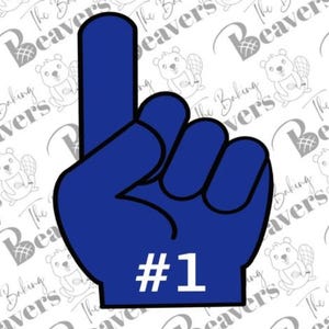 May include: A blue foam finger with the number one in white on the palm. The finger is pointing up.