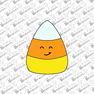 May include: A smiling candy corn with a white, orange, and yellow design. The candy corn has a happy face with two eyes and a mouth.