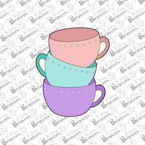 May include: A stack of three teacups. The top cup is pink with white polka dots, the middle cup is light blue with white polka dots, and the bottom cup is purple with white polka dots.