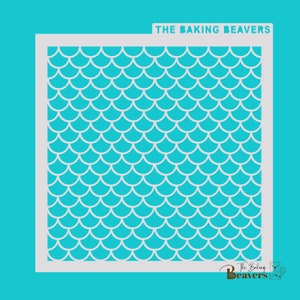 May include: White stencil with a repeating pattern of overlapping half circles, resembling fish scales. The stencil is on a turquoise background. The text "THE BAKING BEAVERS" is at the top of the stencil.