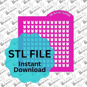 Könnte beinhalten: Eine digitale STL-Datei zum Herunterladen in Pink und Weiß für einen 3D-gedruckten Hasen-Ausstecher. Das Bild zeigt eine Nahaufnahme des Ausstecher-Designs mit dem Text "THE BAKING BEAVERS" und "STL FILE Sofort-Download".