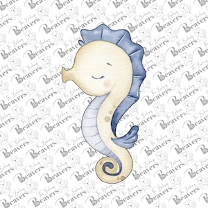 May include: A watercolor illustration of a light blue and beige seahorse with a friendly face. The seahorse is facing left and has a curled tail.
