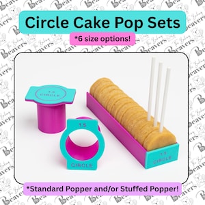 May include: A set of teal and magenta plastic circle cake pop tools including a plunger, a circular cutter, and a rectangular tray holding several round cake pieces with white sticks. The text 1.5 CIRCLE is printed on the tools.