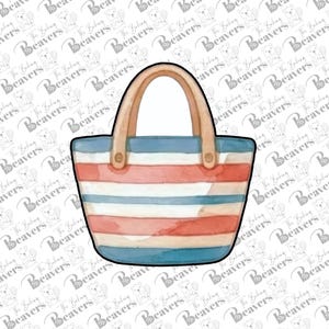 May include: A tote bag featuring a watercolor-style design with horizontal stripes in red, white, and blue. The bag has two light brown handles attached with circular rivets at the top, and the overall shape is wide with a flat base.