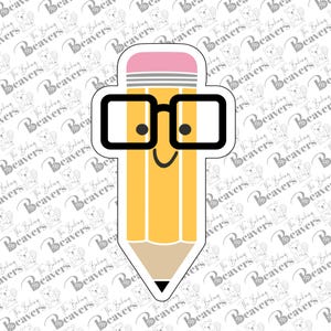 May include: A yellow pencil with a pink eraser and black-rimmed glasses. The pencil has a happy face and is smiling.