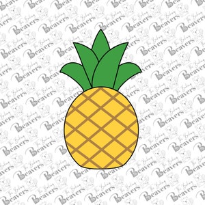 May include: A yellow pineapple with a green leafy top. The pineapple has a diamond pattern on the surface.
