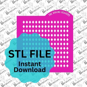 May include: A pink and white diamond pattern stencil with the text "THE BAKING BEAVERS" at the top. A blue circle with the text "STL FILE Instant Download" is in the lower left corner.