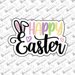 May include: A white background with a black outline of a bunny ear and the text "HAPPY EASTER" in colorful letters. The letters are pink, yellow, purple, and green.