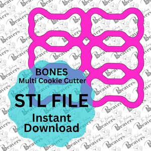 Puede incluir: Un cortador de galletas de plástico rosa en forma de múltiples formas de hueso. El cortador de galletas está sobre un fondo blanco con un patrón repetido de castores. El texto "BONES Multi Cookie Cutter STL FILE Instant Download" está sobre un fondo azul.