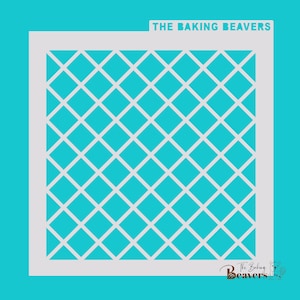 May include: A white, square-shaped baking stencil with a diamond grid pattern. The stencil is set against a teal background. The text "THE BAKING BEAVERS" is at the top, and the brand name and logo are at the bottom.