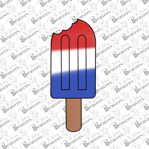 May include: A red, white, and blue popsicle with a bite taken out of it. The popsicle is on a brown stick.
