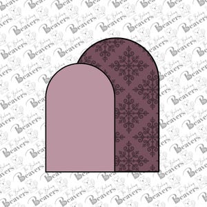 May include: Two arched shapes, one with a solid light pink color and the other with a dark pink and black snowflake pattern.