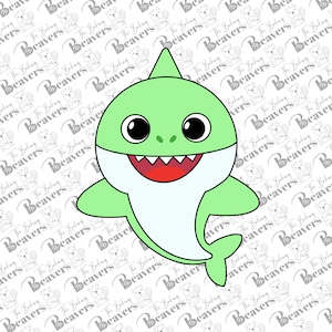 May include: A cartoon illustration of a green and white baby shark with a big smile and large eyes. The shark is facing forward with its mouth open and teeth showing.