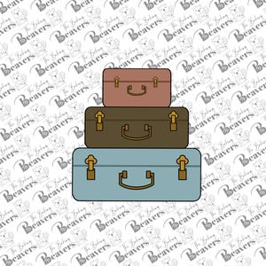 May include: Three vintage suitcases stacked on top of each other. The top suitcase is pink, the middle suitcase is brown, and the bottom suitcase is light blue. All three suitcases have gold accents.