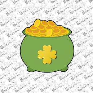 May include: A green pot filled with gold coins and a four-leaf clover. The pot has a rounded bottom and a wide opening.