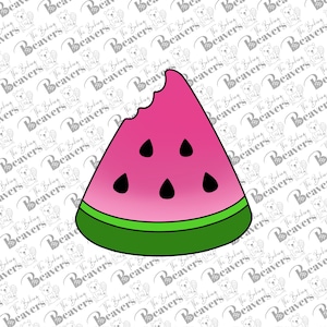 May include: A watermelon-shaped cookie cutter with a bite taken out. The cutter features a pink center, black seeds, and a green rind. The Baking Beavers logo is in the background.
