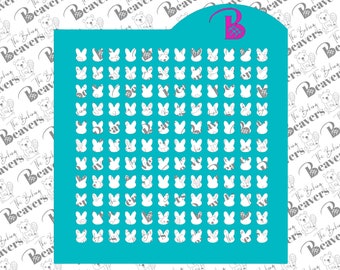 May include: A turquoise blue stencil with a grid of 64 bunny rabbit silhouettes. The stencil is designed for use with icing or paint to create bunny rabbit designs on cakes, cookies, or other baked goods.