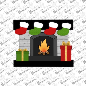 May include: A Christmas-themed illustration of a fireplace with four stockings, two gifts, and a fire. The stockings are red and green with white cuffs. The gifts are green and red with gold bows.