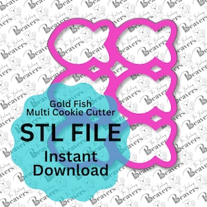 May include: A pink plastic cookie cutter in the shape of five goldfish. The cookie cutter is on a white background with a repeating pattern of beavers. The text "Gold Fish Multi Cookie Cutter" and "STL FILE Instant Download" is in a blue circle.